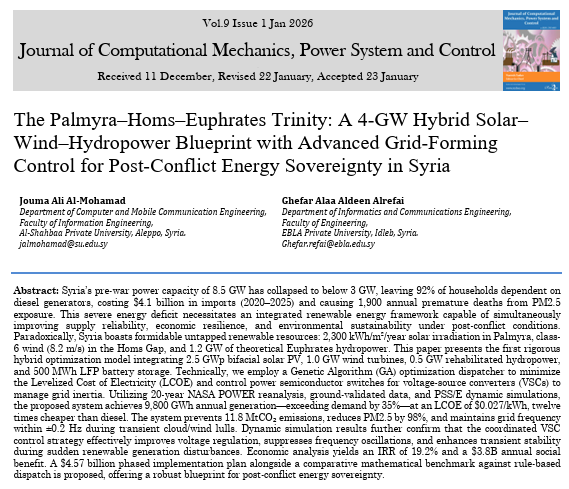 The Palmyra–Homs–Euphrates Trinity: A 4-GW Hybrid Solar– Wind–Hydropower Blueprint with Advanced Grid-Forming Control for Post-Conflict Energy Sovereignty in Syria